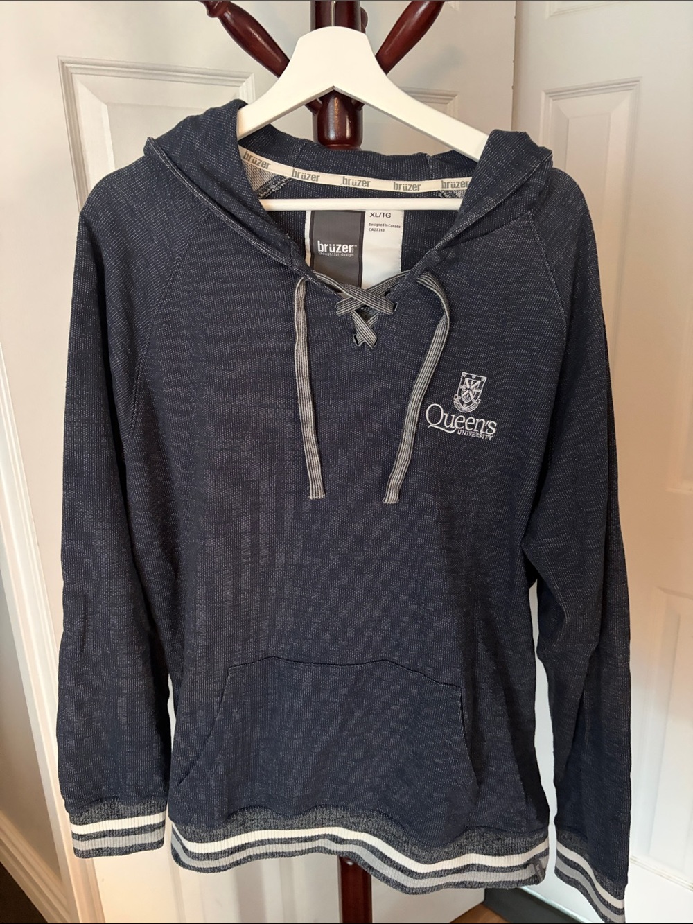 Queens University Navy Varsity style Lace-Up Hooded Pullover